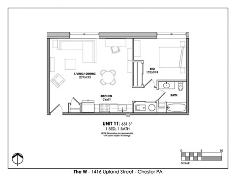 Floor plan for 1 bed, 1 bath, 651 sqft